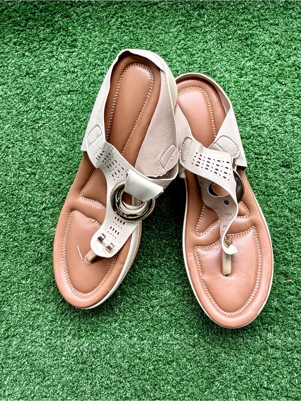 Cream White Cutout T-Strap Wedge Comfort Sandals Women's EU 41